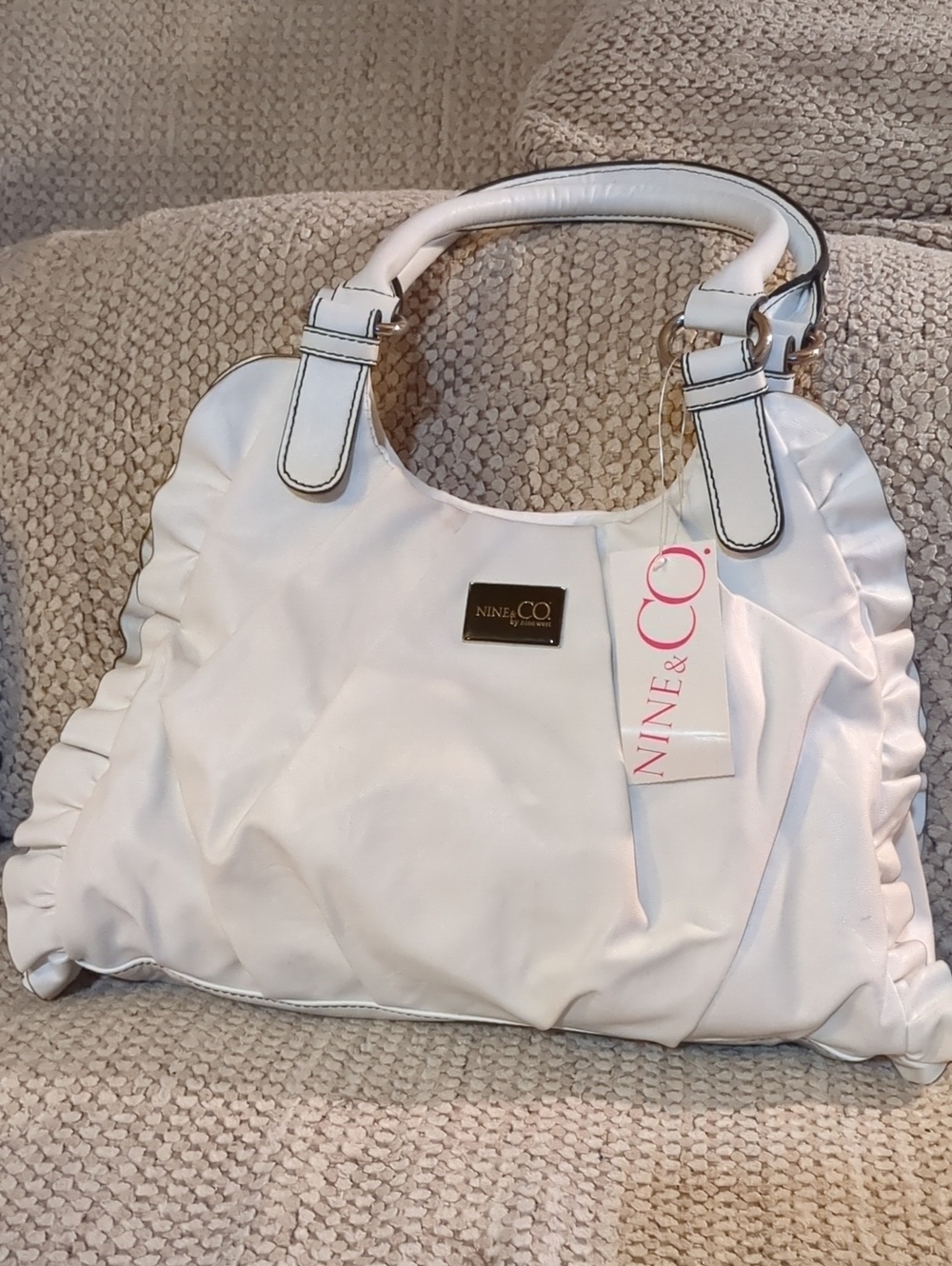 Nine & Co. White Ruffle-Trimmed Shoulder Tote